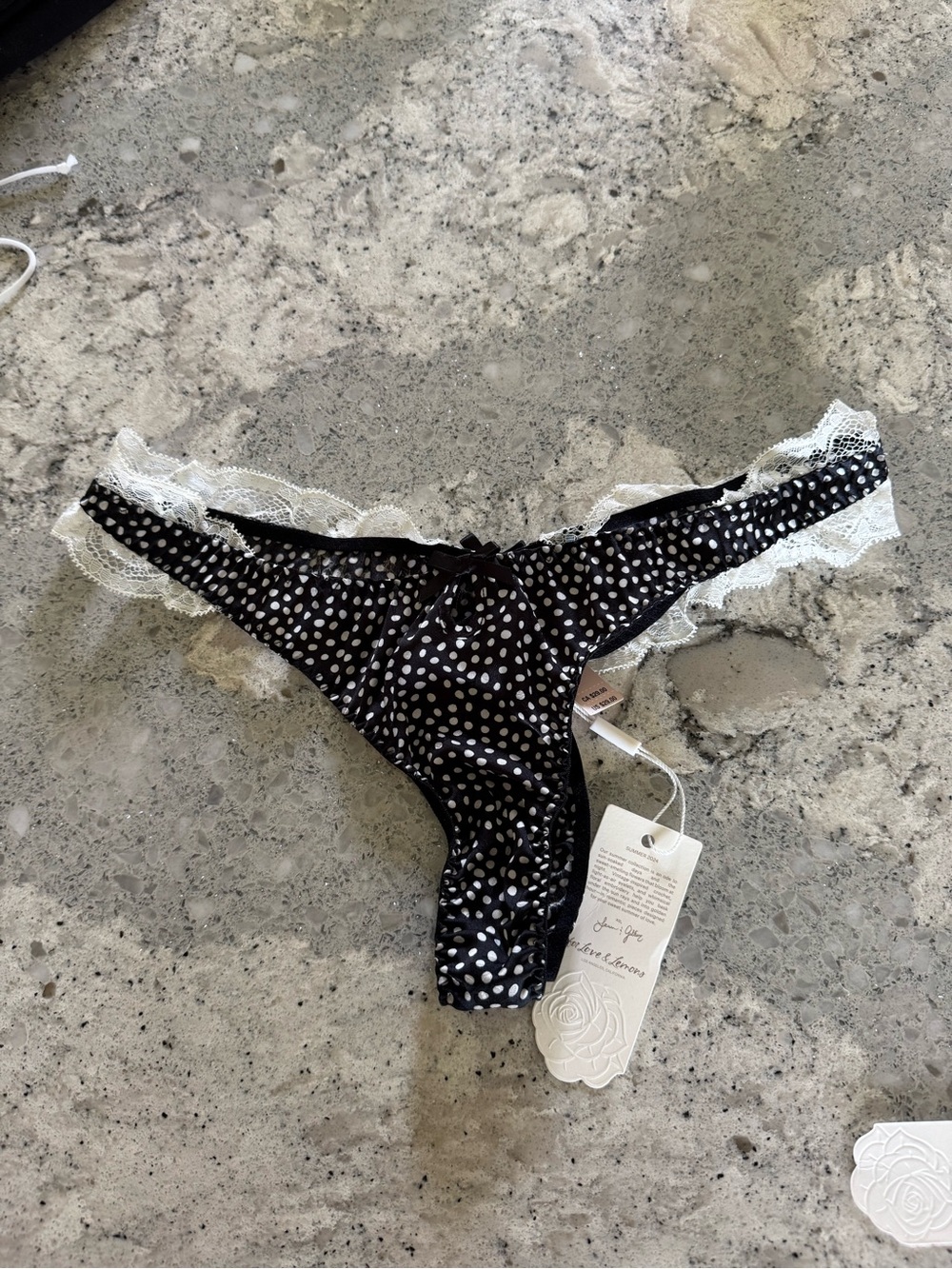 NWT For love and lemons Black Polka Dot Lace-Trim Thong